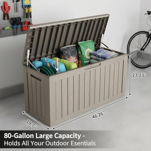 Image of 80 Gallon Resin Deck Box, Outdoor Container for Patio Furniture Cushions, Garden Tools, Pool Accessories & Yard Equipment - All-Weather, Lockable, Wood Grain Design
