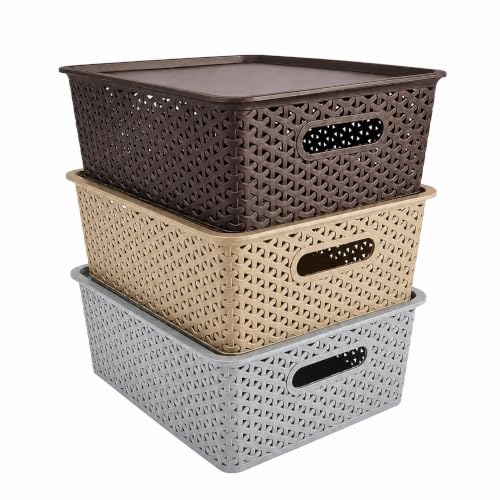 Image of JD Fresh Pack of 3 Premium Plastic Storage Basket with Lid /Smooth Handle Design&Stackable Storage Organizer /Durable Kitchen Storage Basket for Clothes, Vegetables, Fruits, Toys, Stationery(Multicolor)