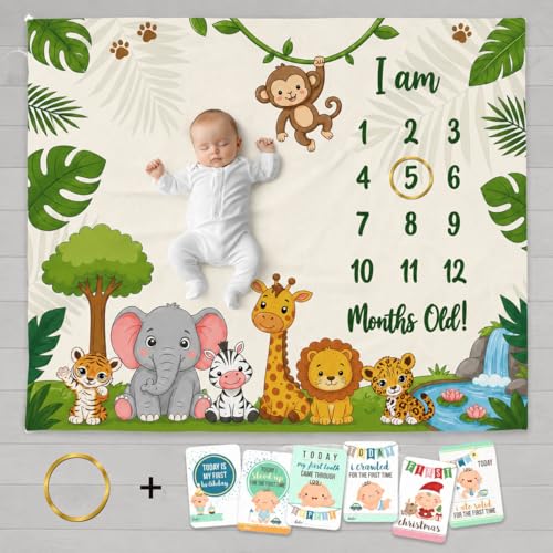 Image of Baby Monthly Milestone Photoshoot Blanket with Milestone Cards, Cotton, 115x95 cm, Animal Theme, 1-12 Months (Animal)