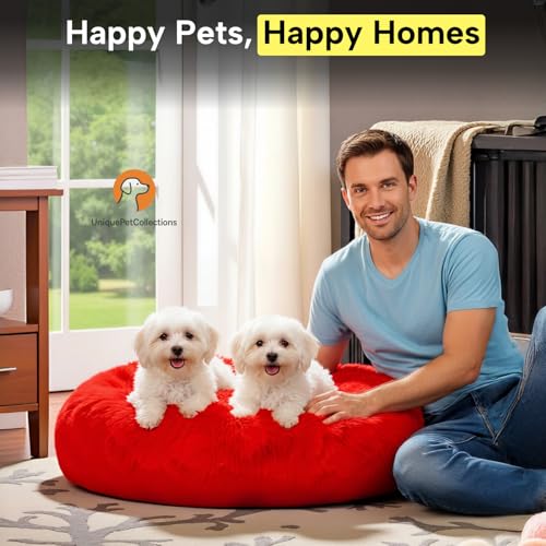 Image of Fabric Fluffy Washable Waterproof Dog Bed For Summer | Large Size Round Pet Bed For Golden Retriever, Labrador, Pug, Beagle | Anti-Skid, Soft & Cozy For All Breeds (Red, XXL)