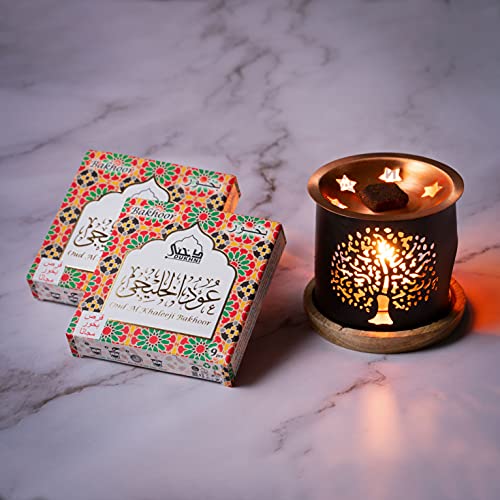 Dukhni Bakhoor â€“ Oud Al Khaleeji - Set of 2 Premium BAKHOOR Incense - 9 Pieces in Each Box with Tree of Life Exotic BAKHOOR Burner. Perfect for Indoors, Meditation, Relaxation, Unwinding, Chanting