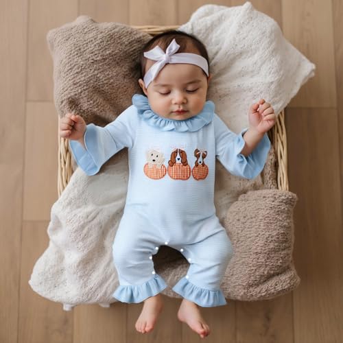GOOCHEER Newborn Baby Girl Halloween Outfit Pumpkin Dog Romper Striped Ruffle Long Sleeve Bodysuit Jumpsuit Clothes2