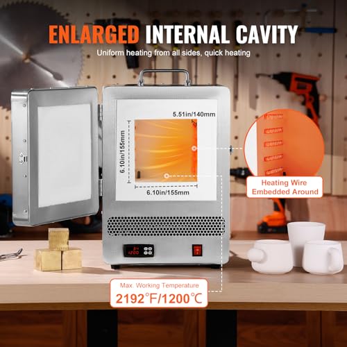 Image of VEVOR Electric Kiln, 1500W Melting Furnace Max Temperature 2192℉ /1200℃, Stainless Steel, for Wax Casting, Clay DIY, Metal Tempering, Glazing on Pottery, Silver