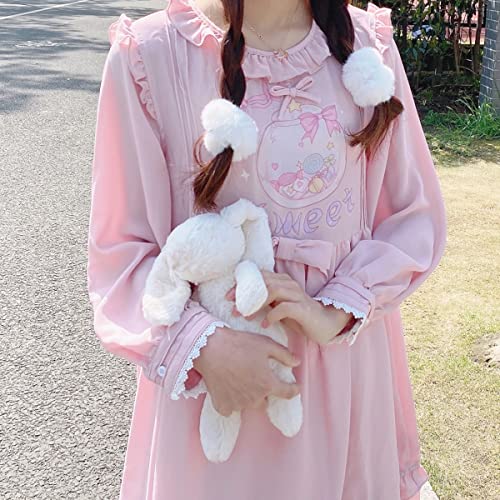 Lolita Cute Dresses for Teen Girls Long Sleeve Chiffon Sweet Kawaii Print Ruffle Casual Short Dress4