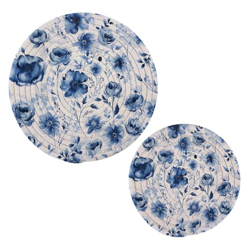 ALAZA Navy Blue Floral Trivets for Hot Dishes 2 Pcs,Hot Pad for Kitchen,Trivets for Hot Pots and Pans,Large Coasters Cotton Mat Cooking Potholder Set