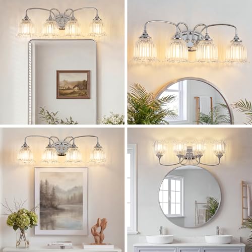 Image of Chrome 4-Light Bathroom Light Fixtures with Floral Glass Shade | Vintage Vanity Lights Wall Sconces Over Mirror for Bathroom Powder Room