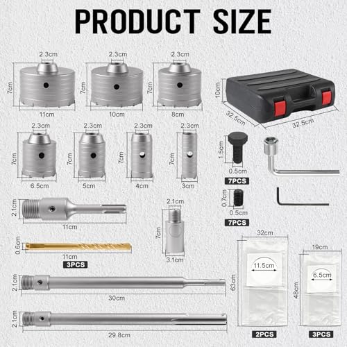 EXLECO Hohl-Bohrkrone Set 37-pk, Bohrkrone Steckdose, Kernbohrer 30mm 40mm 50mm 65mm 80mm 100mm 110mm, mit 110mm 300mm SDS Plus Verlängerung & SDS Max Zentrierbohrer, Dosenbohrer Steinbohrer