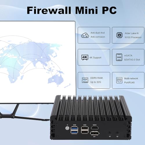 Image of Mini PC Router Firewall Intel N100 up to 3.4GHz, K100L4 8G DDR5 RAM 64G SSD Micro Firewall Appliance Computer Router with 4x2.5GbE I226-V LAN, Support AES-NI