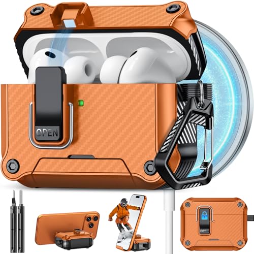 Image of Pohgelan for AirPods Pro 3 Case with Safety Lock-Orange | Carbon Fiber Texture Cover,Magnetic Automatic Lock with Cleaning Kit&Keychain,Compatible with Magsafe