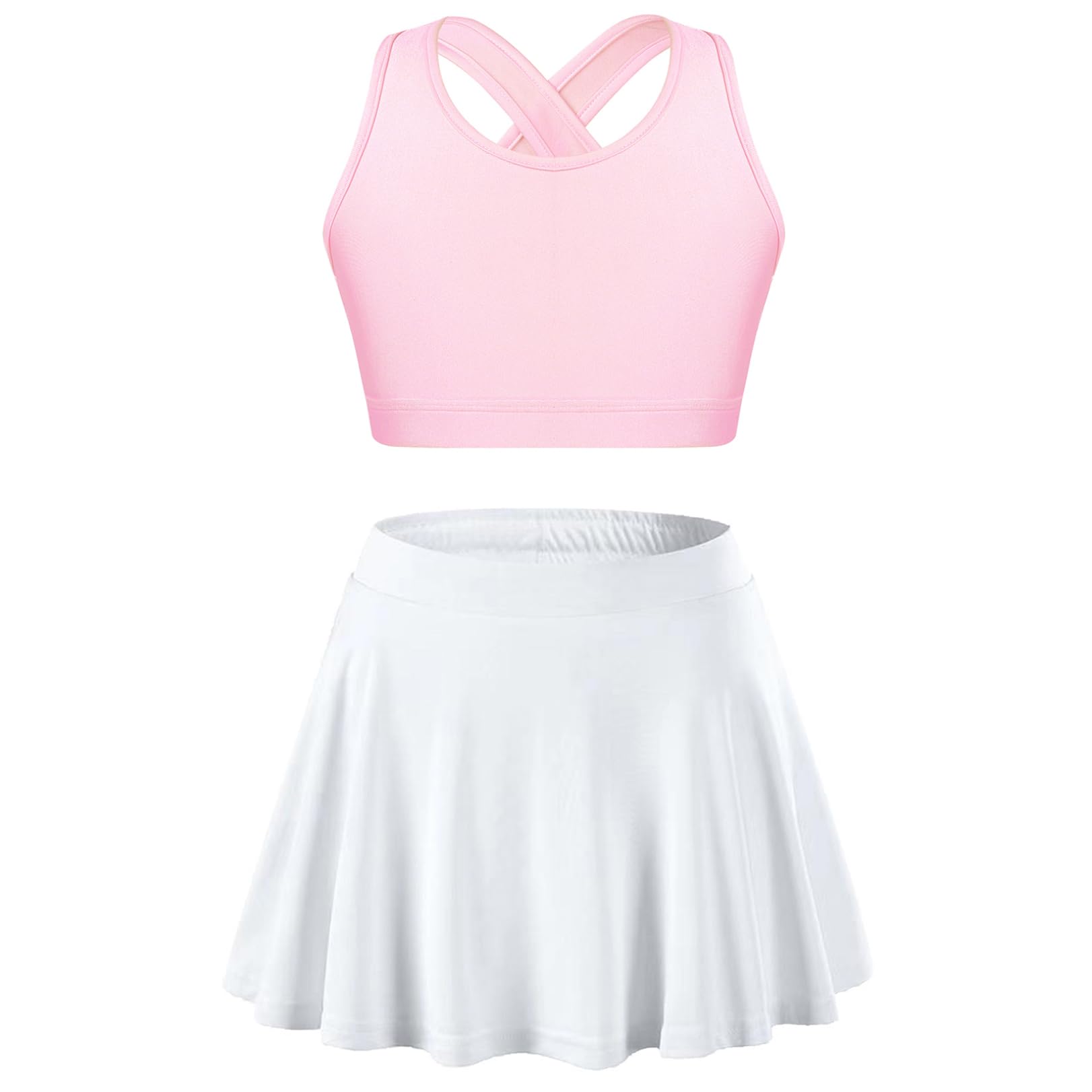 JEATHA Mädchen Tennis Golf Anzug Ärmellos Crop Top Bauchfrei Yoga Fitness Oberteil Sportskort Tennisrock Sportkleidung