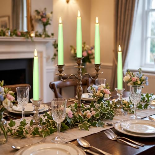 Image of Spring Green LED Taper Candles Battery Operated Remote, 4 Pack | Real Wax 3D Flickering Flame, 0.78 inch x 8.1 inch, Fits Holders, 2 /4 /6 /8H Timer, Spring Green Candlesticks for Party Decor