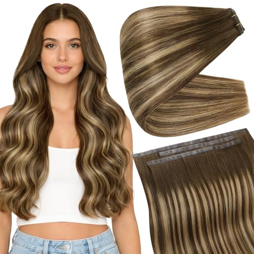Image of Full Shine Butterfly Weft Hair Extensions 18 Inch 100g 5Pcs | Brown Ombre Blonde Remy Hair, Natural Volume, Invisible PU Holes, Wedding Styling, Micro Beads Installation