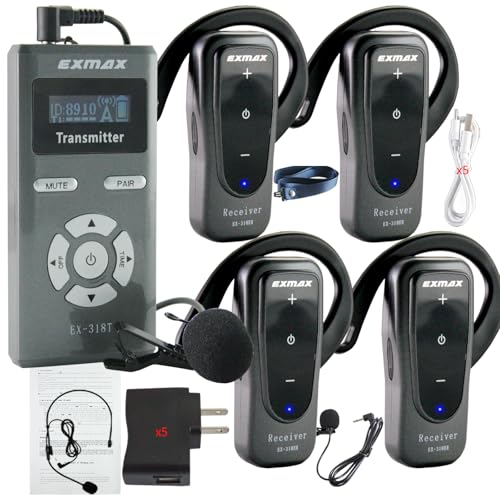 Sistema Inalámbrico para Guías Turísticos EXMAX-EX-318 con Micrófono de Cuello de Ganso, Transmisor y 4 Receptores de Oreja (1 Transmisor y 4 Receptores) miniatura 1
