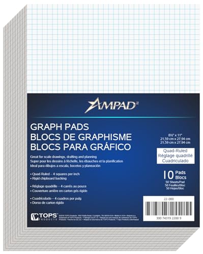 Ampad Evidence Quadrille Pad, Size 8-1/2 x 11, White Paper, 4x4 Quad Ruling, 20 Pound Premium Stock Paper, 50 Sheets Per Pad (22-000) (10 Pads)