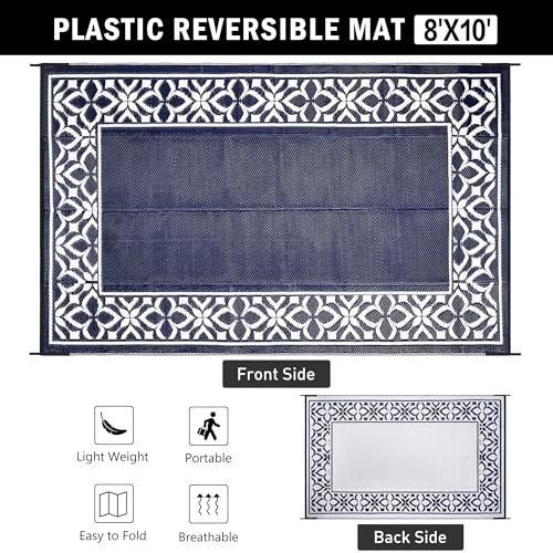 Image of PureCozy Outdoor Plastic Straw Rug Navy Blue Large Outside Waterproof Outdoor Patio 8x10 Carpet Geometric Reversible Mat Modern for Camping RV Porch Deck Balcony Beach