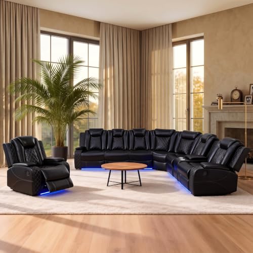 Image of Power Reclining Sectional Sofa for Living Room,Modern L-Shaped Air Leather Sectional Couch Set,Recliner Sofa Set,with LED Lights,Cup Holder,Storage,Charging Ports,Home (Sectional+C)