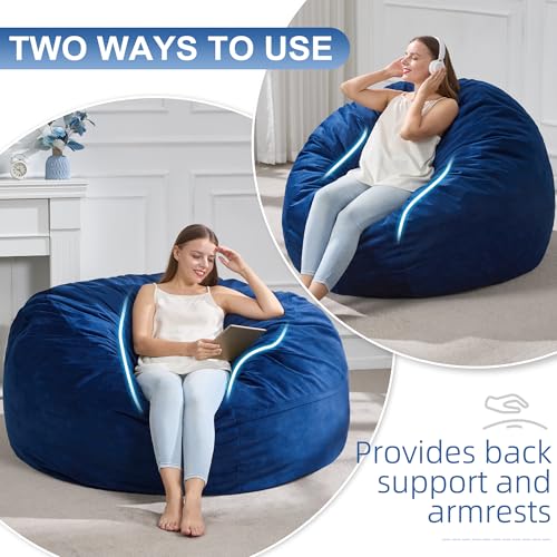 Image of Hobestluk Adults Bean Bag Chair 4FT Big BeanBag Chair Extra Large Oversized | Memory Foam,Washable Cover,Velvet Fabric,Side Pocket,Bedroom Living Room Big Adults Bean Bag Chairs Reading Gaming | Blue 4FT