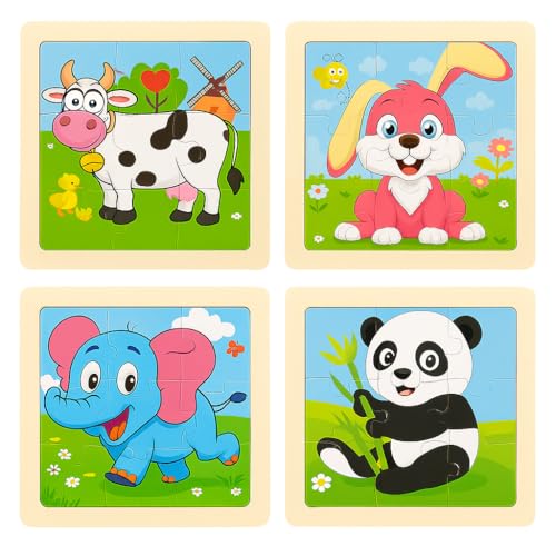 Image of FUN4YOU Wooden Animal Puzzle for Kids - 4 Pack Cartoon Jigsaw Puzzles | Cow, Rabbit, Elephant & Panda | Educational Montessori Learning Toy for Toddlers | Brain Development & Fun Activity Game