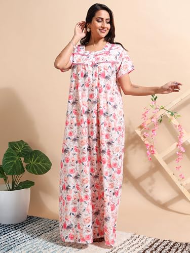 Image of 9shines Label Stylish Chikankari Cotton Nighty Maxi for Women | Full Length Nightgown | Nightdress with Pocket | Embroidery Nighty | Soft Comfortable Cotton Nightwear (1545)