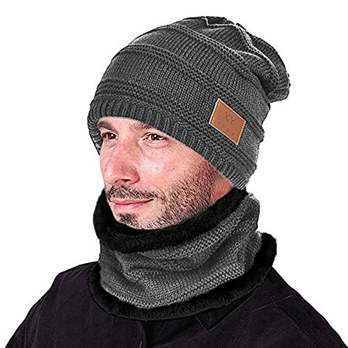 Opard Wintermütze Warm Beanie Strickmütze und Schal mit Fleecefutter (Grau) Cover