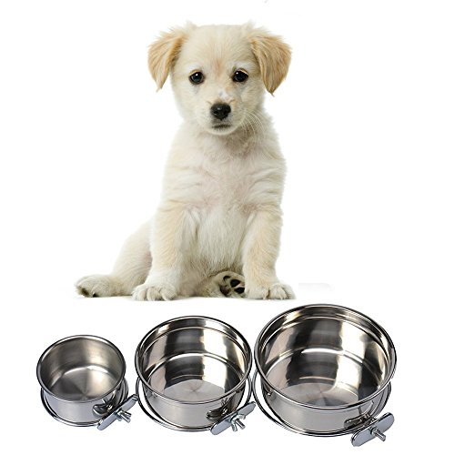 Pet Dog Stainless Steel Coop Cups with Clamp Holder - Detached Dog Cat Cage Kennel Hanging Bowl,Metal Food Water Feeder for Small Animal Ferret Rabbit (Medium)