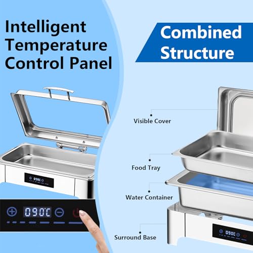 VFDZ Chafing Dish Elektrisch 9L, Catering Warmhaltebehälter Smart-Temperaturanpassung, Rechteckiger Chafing Dish Set Speisenwärmer mit Sichtbarem Glasdeckel (B, 1/3 PAN) – Bild 4