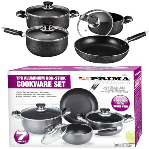 7X Pcs Prima Aluminium Black & Grey Cookware Set Non-Stick Saucepan Stone Vein with Lid Pot Frypan Stockpots Home Pans Kitchen Cooker 16|18|24cm DIY Dining Bar UK Free P&P