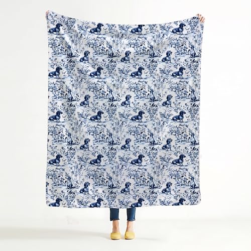 BUJSP Blue and White Chinoiserie Dachshund Blanket Vintage French Country Toile Weiner Dog Throw Blanket for Home Bedroom Room Couch Bed Decor Gifts for Dachshund Lovers 50x60 Inches