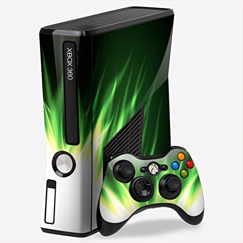 Xbox 360 Skin Decals Green Fire Flames Design With Controller Skin