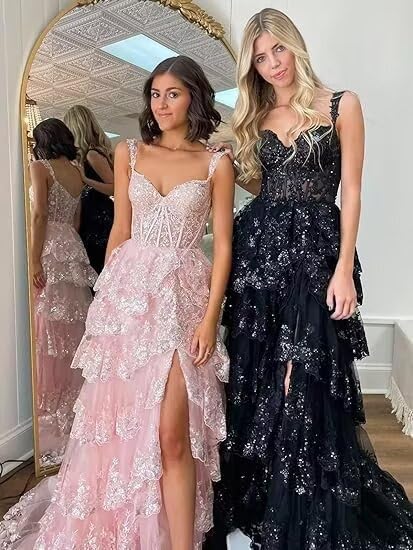 Women's Sequin Prom Dresses 2025 Tulle Lace Appliques Off Shoulder Formal Evening Dress with Slit2
