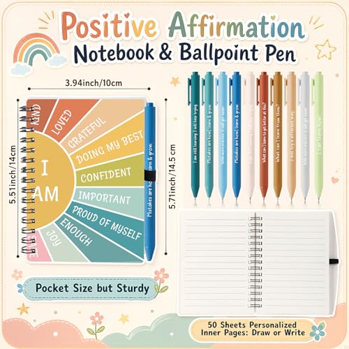 Image of Thenshop 40 Pcs First Day of School Encouragement Supplies 20 Self Care Notebooks Journals and 20 Positive Affirmation Pens Mental Health Wellness Gifts for Teacher Counselor Student (Growth Mindset)