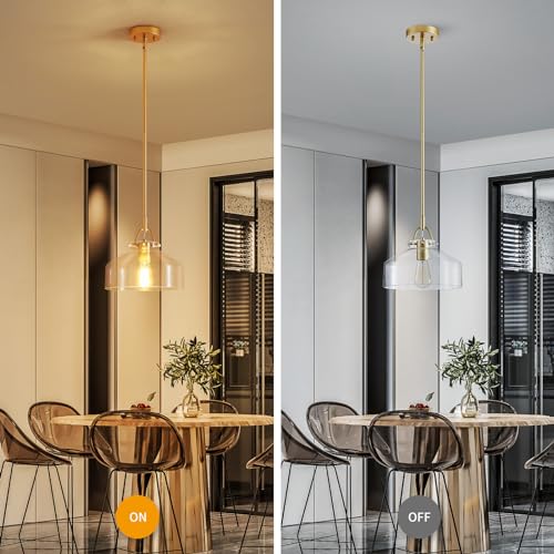 Image of WUZUPS Chandelier Rustic Farmhouse Industrial Round Ceiling Pendant LED Light Fixture with Clear Glass Shades for Dining Room Kitchen Island Foyer Entryway, H 9.4 inch x W 10.6 inch, E26 Base, Gold