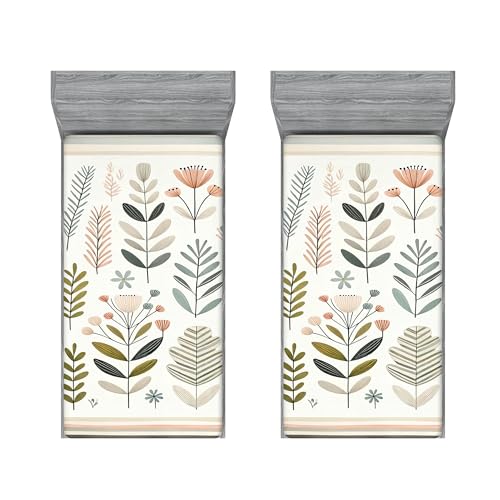 Ambesonne Mid Century 2 Pack Fitted Sheet, Scandi Modern Leaves, Bed Cover All-Round Elastic Deep Pockets 2 Pieces, Package Contains 2 Twin Size Fitted Sheets, Olive Green Eggshell