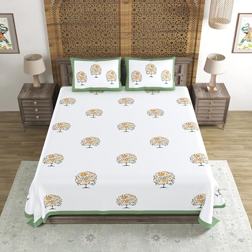 Image of BLOCKS OF INDIA Hand Block Printed 200 TC Cotton King Size Bedsheet (Green Tree of Life)