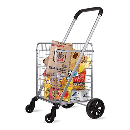 OmniRolls Grocery Shopping Cart with Swivel Wheels, Folding Shopping Cart with Wide Cushion Handle, Mesh Bottom and Brake System