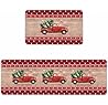 Truck Christmas Kitchen Mats Sets 2 Piece, Xmas Truck Tree Rustic Wooden Grain Red Kitchen Rugs and Mats Non-Slip Washable Runner Carpets for Christmas Decorations, 15.7" x 23.6" + 15.7" x 47.6"
