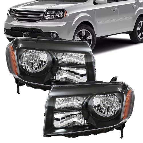 Headlight Assembly Fit for 2012-2015 Honda Pilot Halogen Headlamp Replacement Driver Passenger Side Black Housing Amber Reflector Clear Lens HO2502147 HO2503147 33150SZAA11 33100SZAA11