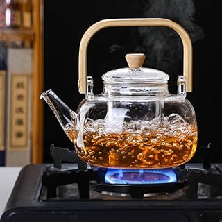 ANKUL Borosilicate Glass Teapot with Wooden Handle &amp; Lid – 1 LTR Heat Resistant Clear Kettle for Loose Leaf Tea, Flower Te...