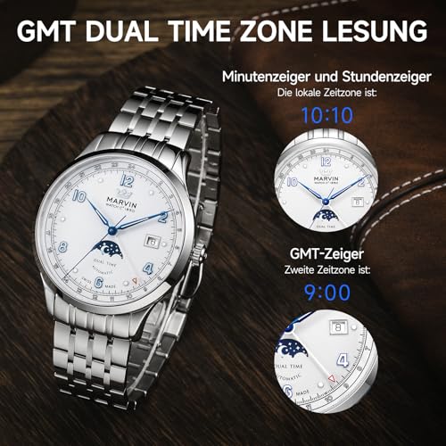 marvin-Automatikuhr-fuer-Herren-mit-GMT-Funktion-Schweizer-Uhrwerk-Mechanische-Luxusuhr-fuer-Herren-mit-Edelstahlarmband-Sonnen-und-Mondzifferblatt-Leuchtzeigern-und-Leuchtindexen-50-m-wasserdicht - Sparfuchs24.io - Preisvergleich & Top Angebote Online
