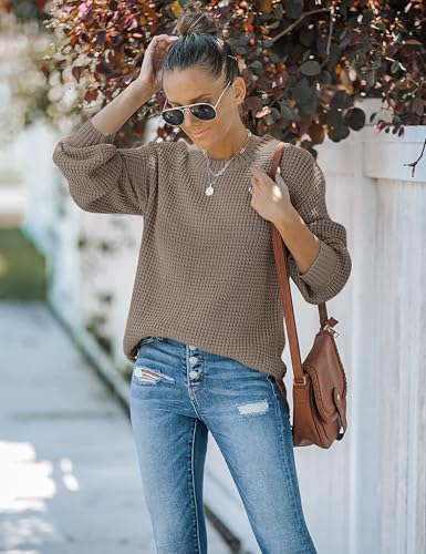 Image of MEROKEETY Women's Fall Long Sleeve Waffle Knit Oversized Sweater | Fall Fashion, Crew Neck, Tunic, Dressy Casual, Trendy, Cute, Pullover Tops, Long Lantern Sleeves, Loose Fit, Drop Shoulder