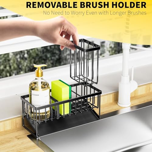 Kitchen Sink Caddy Organizer, Sponge Holder with Brush Storage, Black Metal Rack