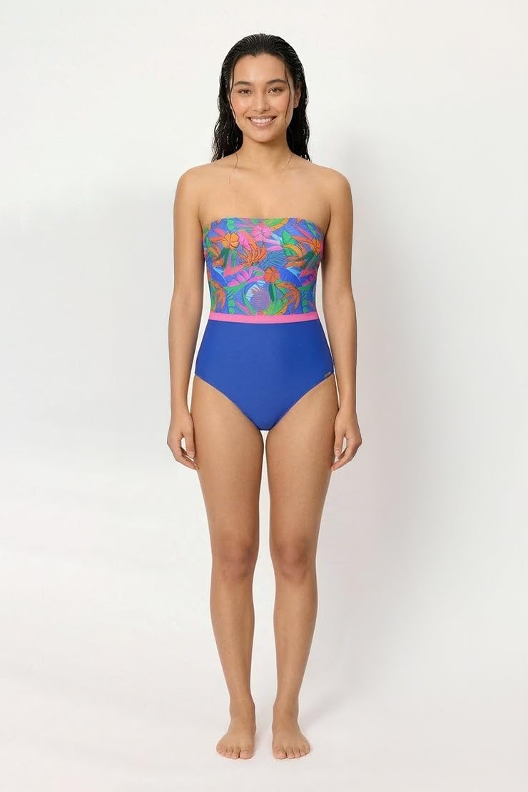 YSABEL MORA. Bañador Reductor Bandeau Estampado Tropical Copa B. con Compresión en Abdomen,Sin Aro Y con Relleno. Tirantes Desmontables Regulables. Define Y Moldea La Silueta .Colección Palms.