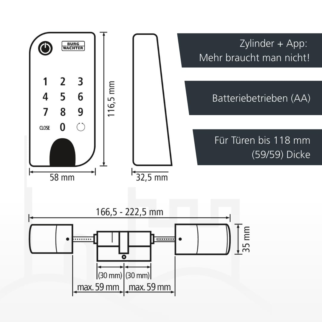 BURG-WÄCHTER Elektronisches Türschloss secuENTRY für Haustüren, Bedienung mit Zahlencode, App oder Funkschlüssel, Inkl. Zylinder, ENTRY Home 5001 PIN, Schwarz/Weiß