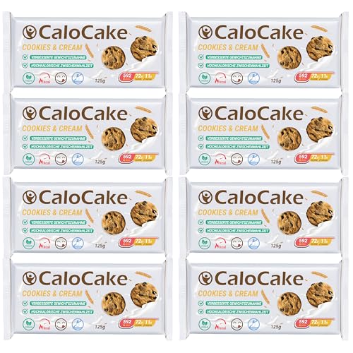 Nahrung hochkalorisch für Gewichtszunahme | Ausdauer-, Masse- & Energieriegel viel Protein & 592 Kalorien | Mahlzeiten Riegel vegan laktosefrei | CaloCake (8 Riegel à 125 g – Cookies & Cream)