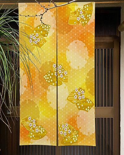Qinunipoto 暖簾 花柄 桜の花と扇 和風 のれん シンプル風 幅72cm丈120cm インテリア 出入り口 目隠し おしゃれ すだれ 遮光 部屋 間仕切りカーテン 門カーテン ポリエステル製 オーダー可 簡単取付 四季兼用