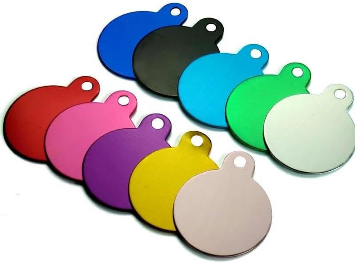 Lot de 100 étiquettes rondes en aluminium pour animaux de compagnie, personnalisables, pour identification de chien, en fourrure, vierges, avec nom et adresse, numéro de téléphone, gravées sur mesure