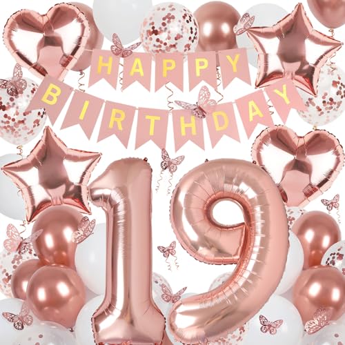 Image of Rose Gold 19th Birthday Decorations for Girl Women, 19 Year Old Sign with Happy Birthday Banner, 40In Number 19 Foil Birthday Balloons, Butterfly Decorations, Heart and Star Balloons