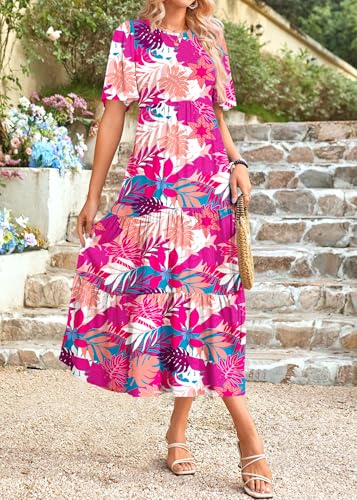 Image of KIRUNDO Summer Dresses for Women 2026 Spring Casual Flutter Short Sleeve Wedding Guest Smocked Flowy Tiered Aline Midi Dress