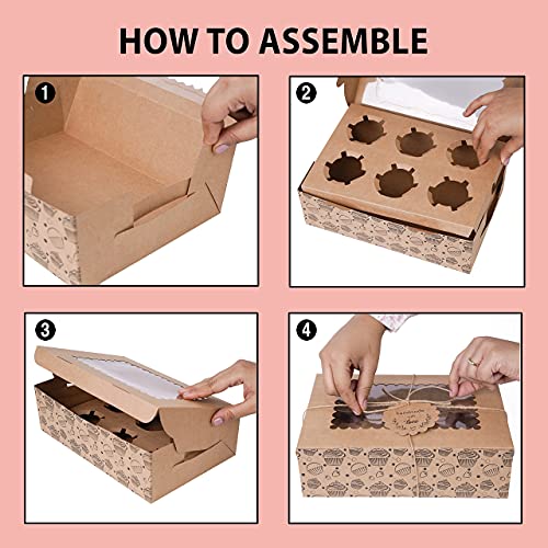 Image of mudrit Cupcake Boxes with Insert Trays, Tags and Twine, Food Grade Kraft paper Cupcake Carrier with Window (10 pcs, 6 holder)