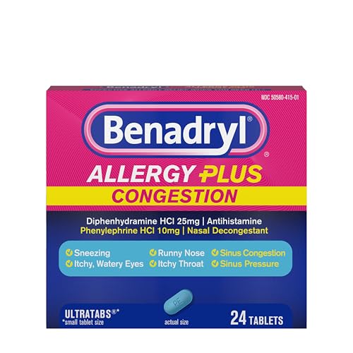 Benadryl Allergy Plus Congestion Ultratabs, Medicine with Diphenhydramine HCl Antihistamine &...